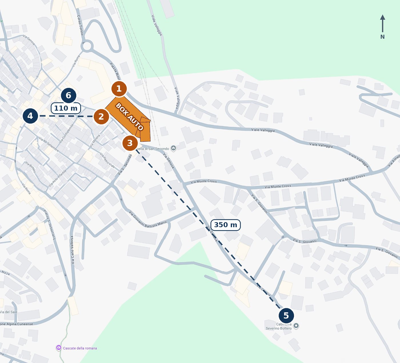 Mappa di Limone Piemonte con l'edificio dei box auto in evidenza e i sei punti di accesso e riferimento